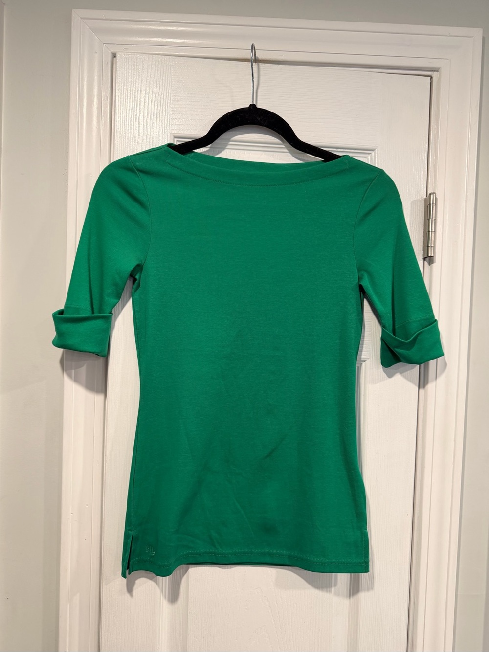 NWOT LRL Lauren Ralph Lauren Size XXS Green Boat Neck Cuffed Sleeve Top Cotton